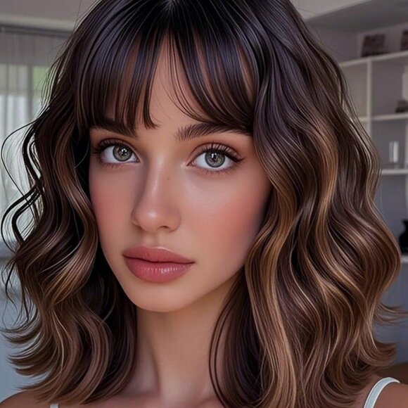 Brown Highlight Blonde Wig with Bangs Short Curly Bob Wigs for Women 14 Inch Sho